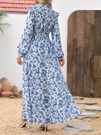 Printed Ruffled Long Sleeve Smocked Maxi Dress