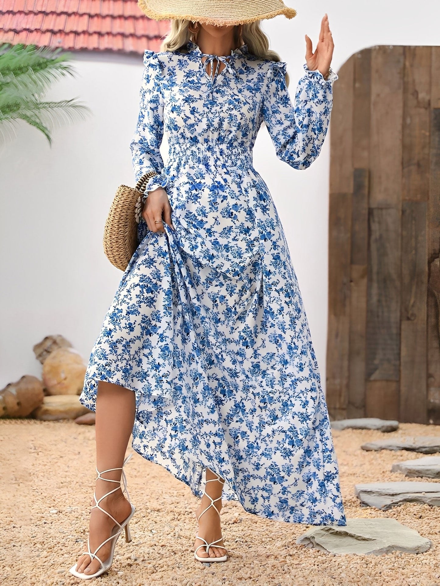 Printed Ruffled Long Sleeve Smocked Maxi Dress