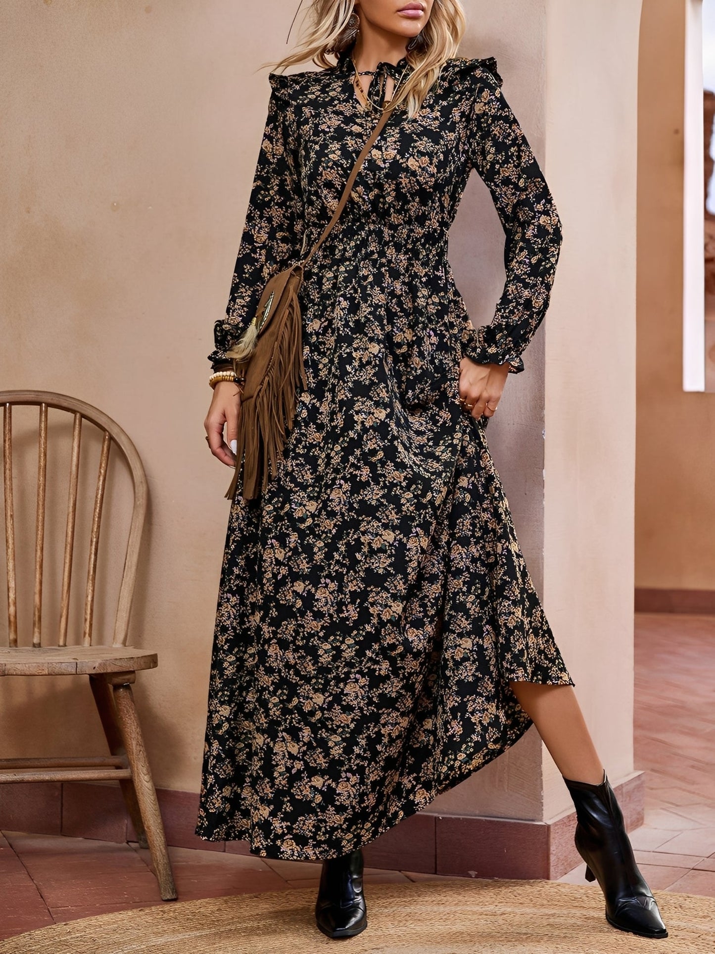 Printed Ruffled Long Sleeve Smocked Maxi Dress