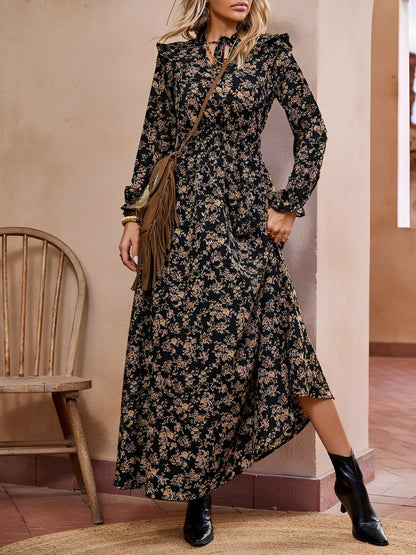 Printed Ruffled Long Sleeve Smocked Maxi Dress