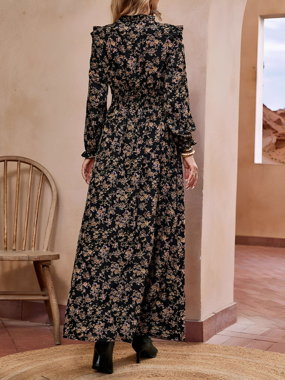 Printed Ruffled Long Sleeve Smocked Maxi Dress