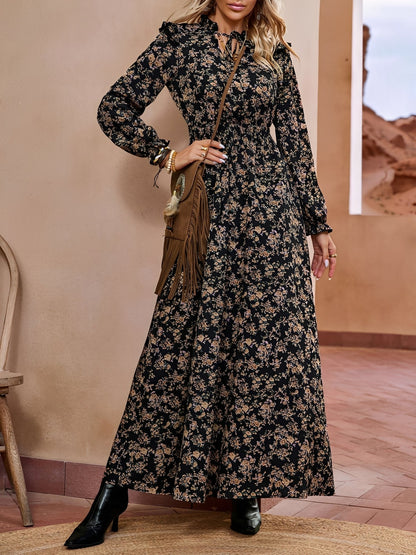 Printed Ruffled Long Sleeve Smocked Maxi Dress