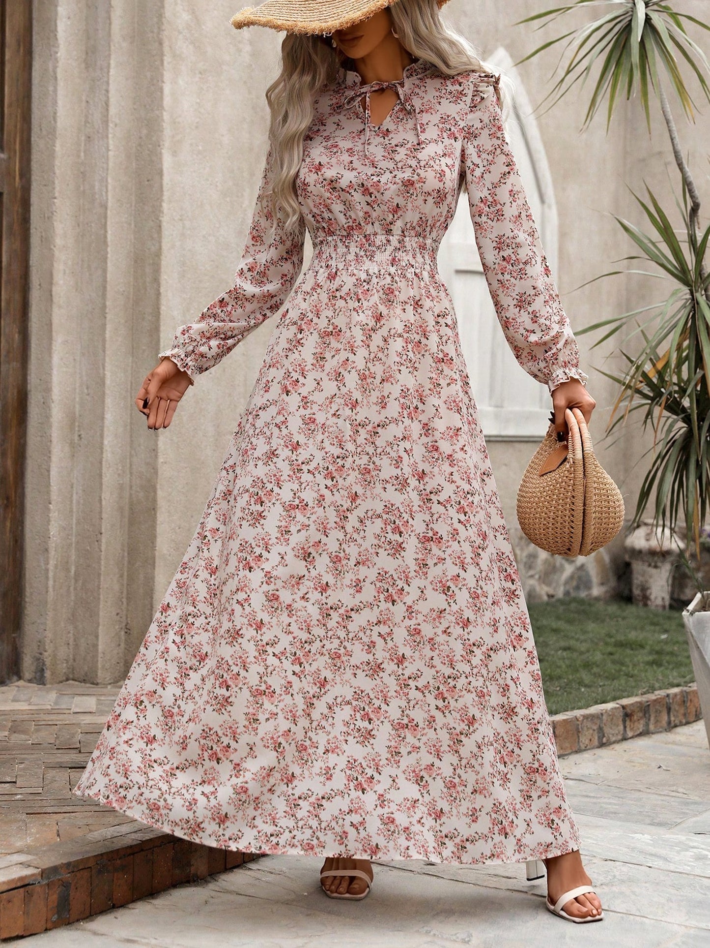 Printed Ruffled Long Sleeve Smocked Maxi Dress