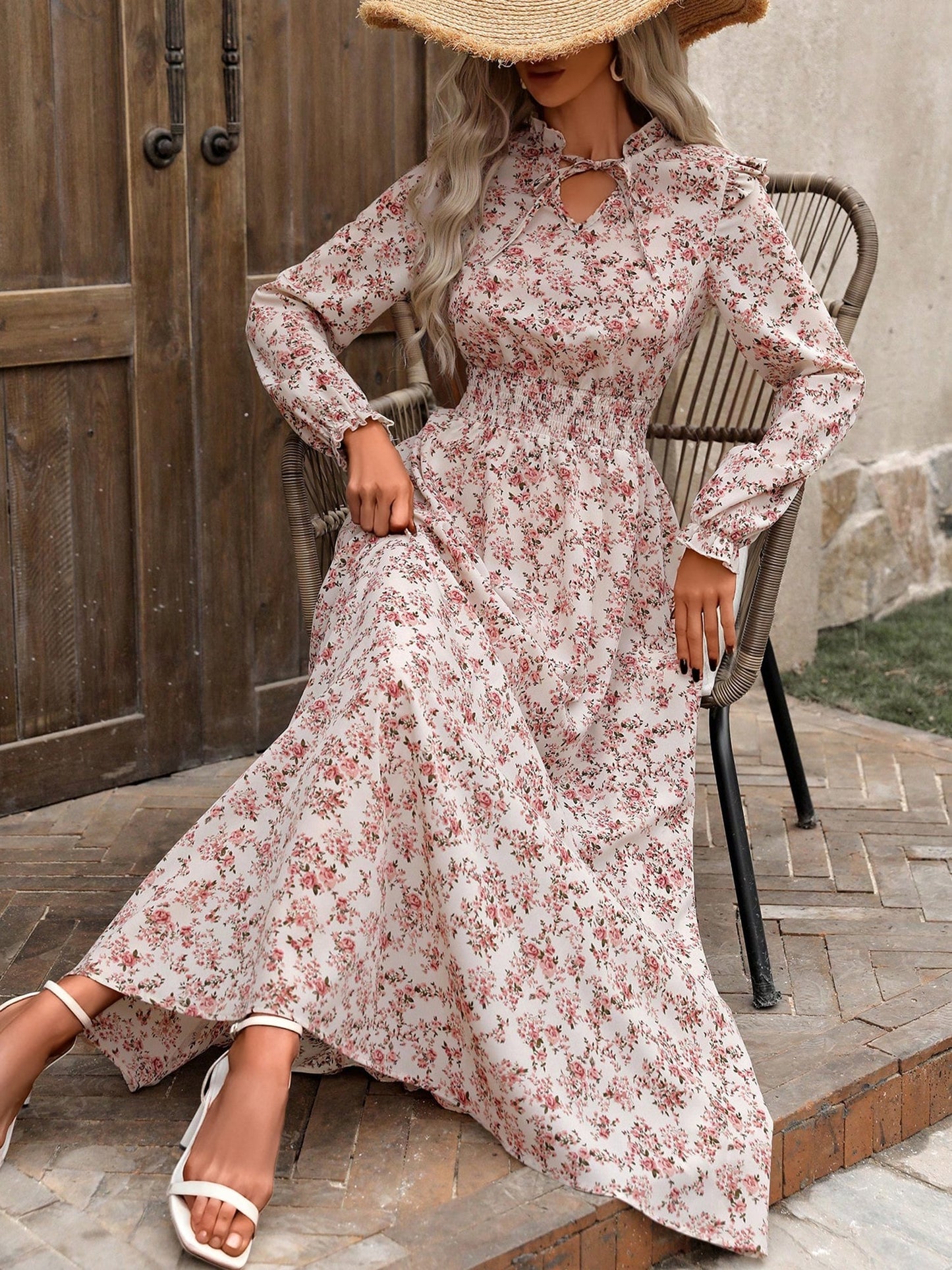 Printed Ruffled Long Sleeve Smocked Maxi Dress