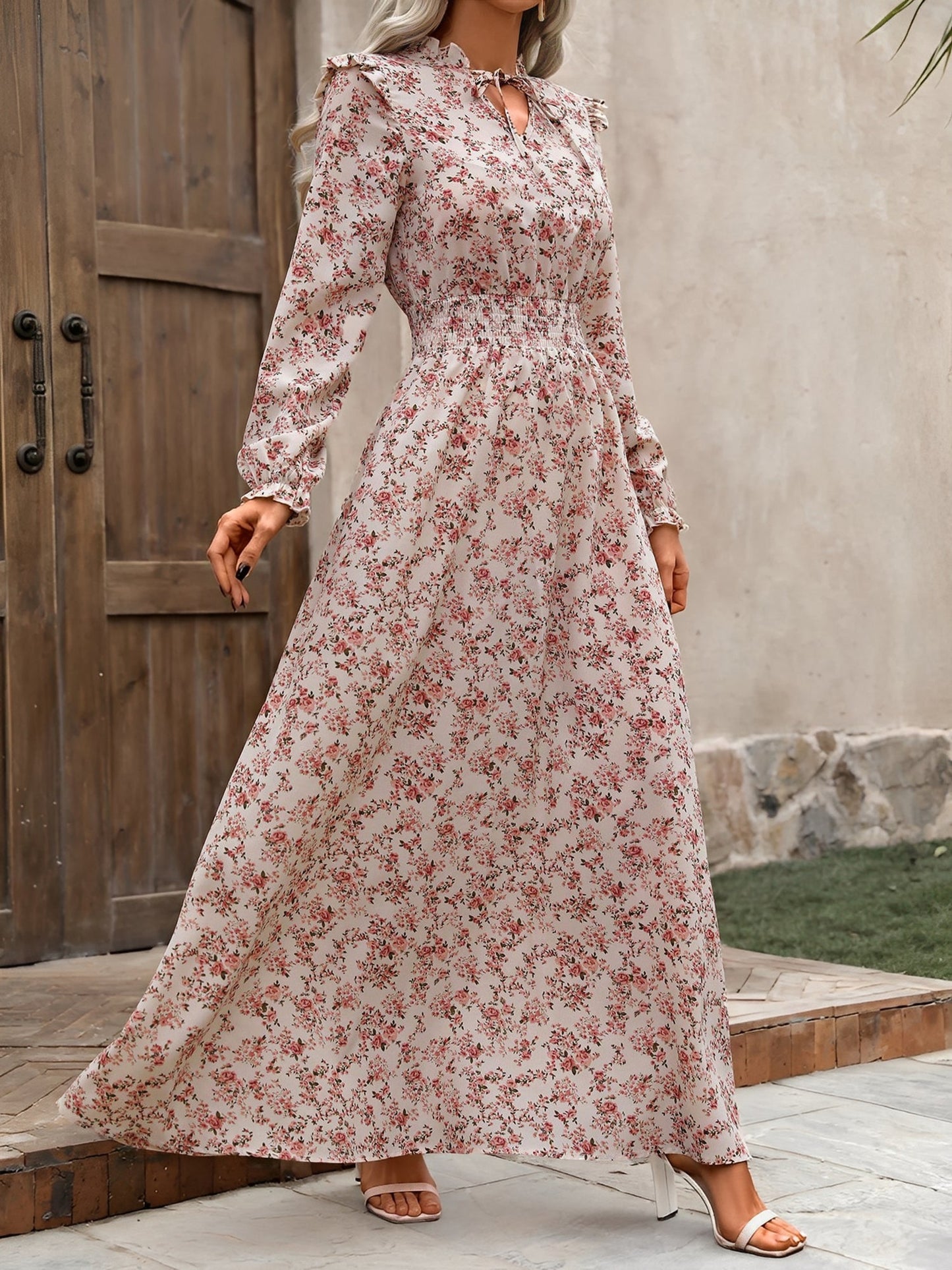 Printed Ruffled Long Sleeve Smocked Maxi Dress