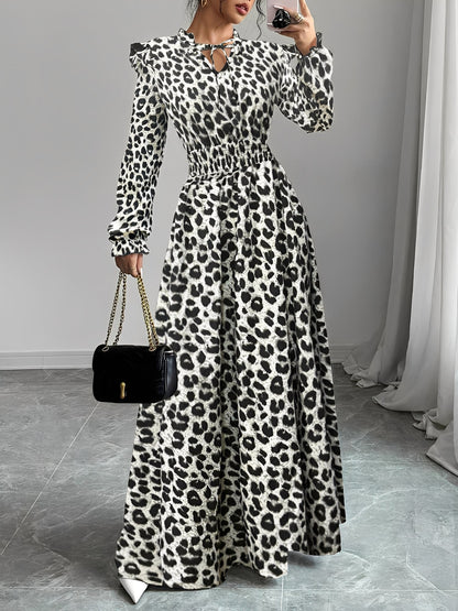 Printed Ruffled Long Sleeve Smocked Maxi Dress