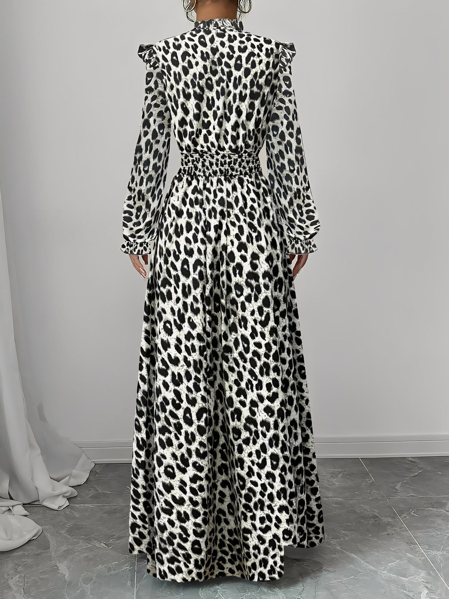 Printed Ruffled Long Sleeve Smocked Maxi Dress