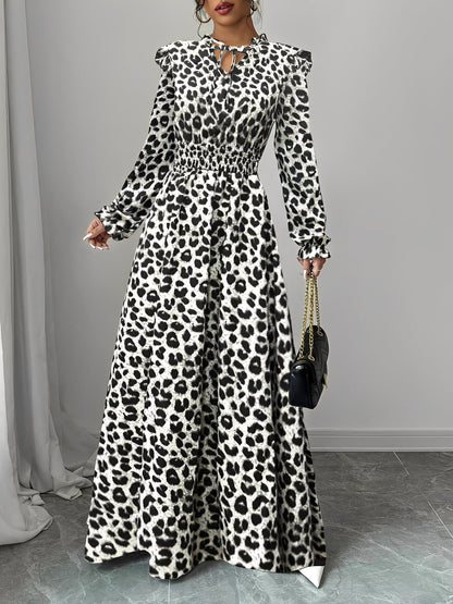 Printed Ruffled Long Sleeve Smocked Maxi Dress