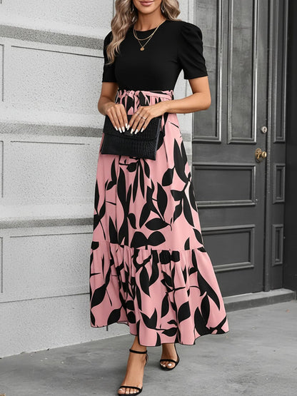 Printed Patchwork Tie Waist Maxi A-Line Dress
