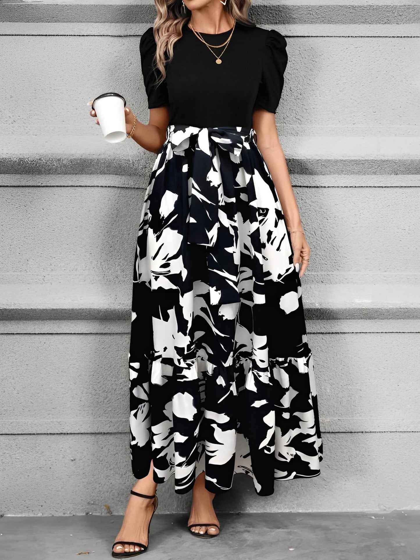 Printed Patchwork Tie Waist Maxi A-Line Dress