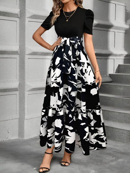 Printed Patchwork Tie Waist Maxi A-Line Dress