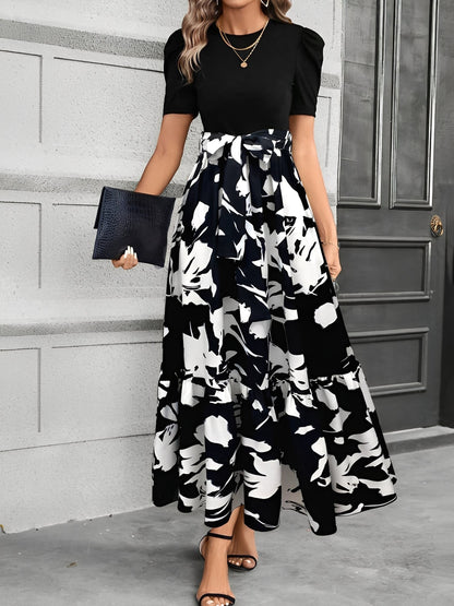 Printed Patchwork Tie Waist Maxi A-Line Dress