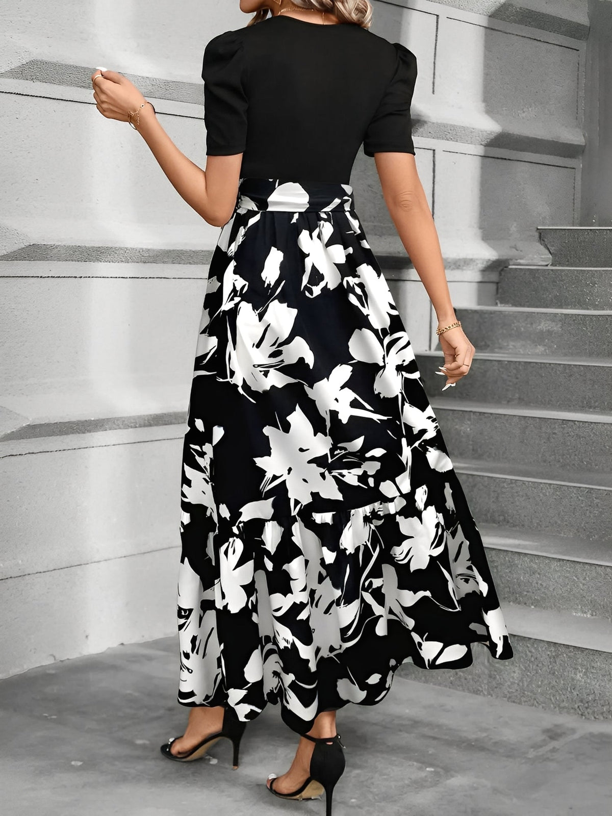 Printed Patchwork Tie Waist Maxi A-Line Dress