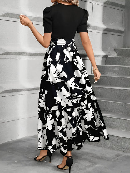 Printed Patchwork Tie Waist Maxi A-Line Dress