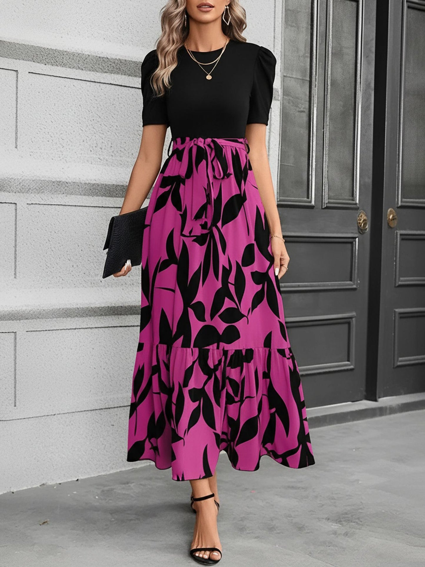 Printed Patchwork Tie Waist Maxi A-Line Dress