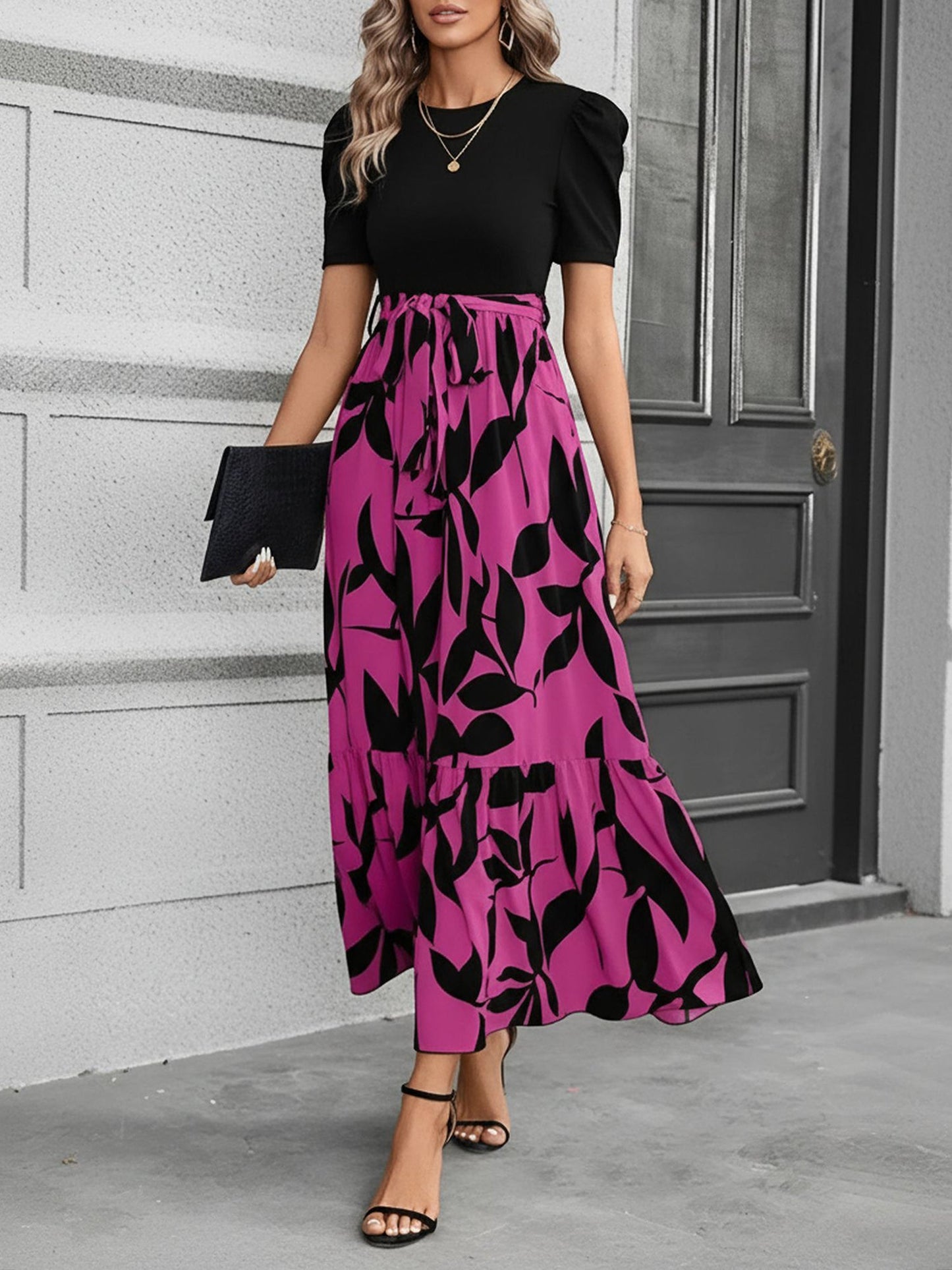 Printed Patchwork Tie Waist Maxi A-Line Dress