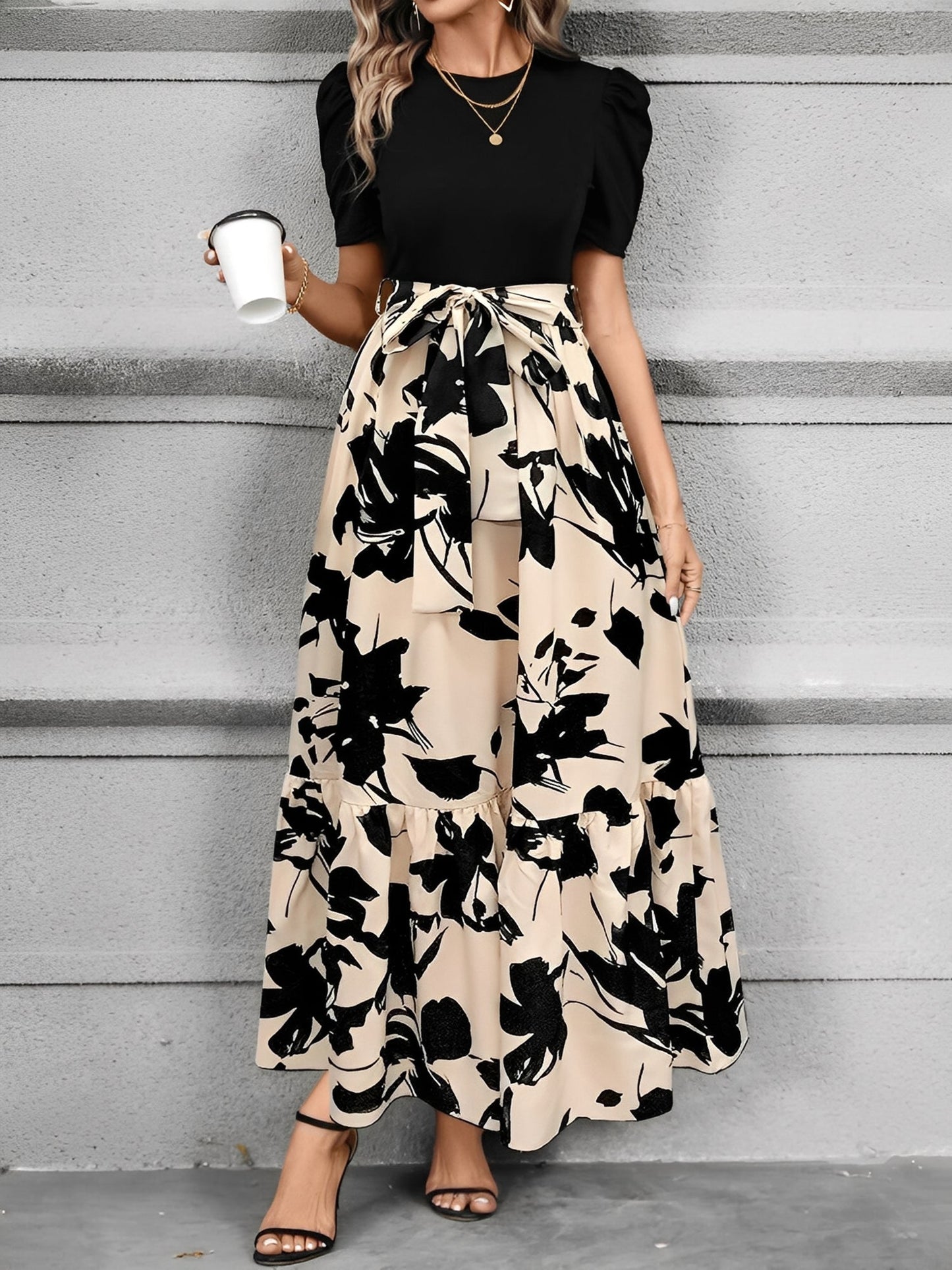 Printed Patchwork Tie Waist Maxi A-Line Dress