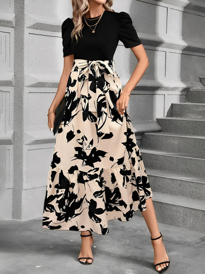 Printed Patchwork Tie Waist Maxi A-Line Dress
