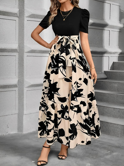 Printed Patchwork Tie Waist Maxi A-Line Dress