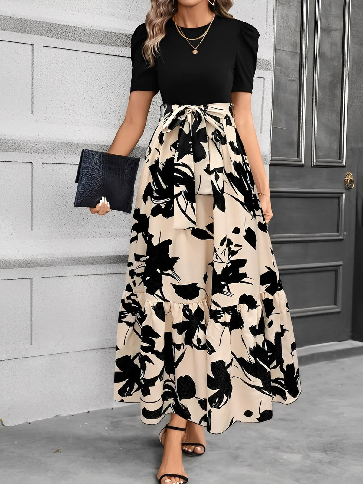 Printed Patchwork Tie Waist Maxi A-Line Dress