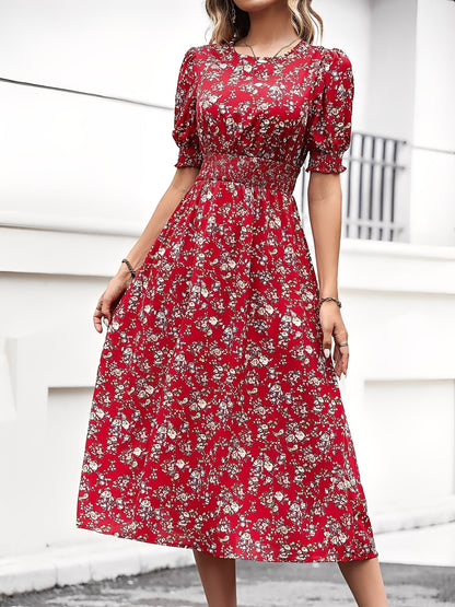 Floral Puff Sleeves Smocked Waist A-Line Midi Dress