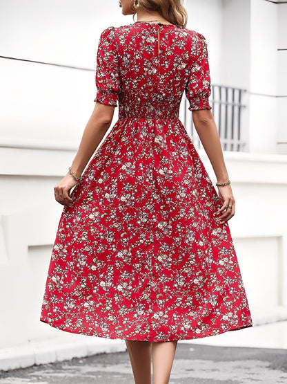 Floral Puff Sleeves Smocked Waist A-Line Midi Dress