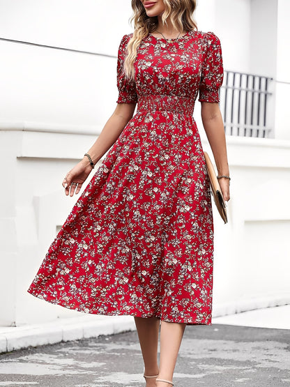 Floral Puff Sleeves Smocked Waist A-Line Midi Dress