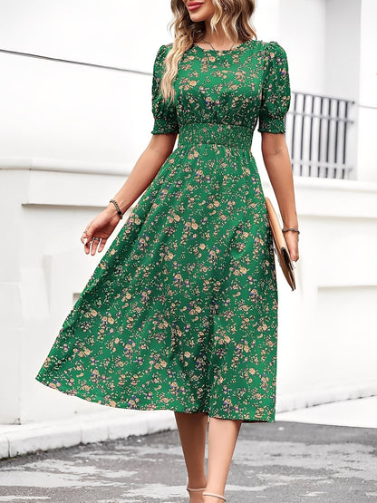 Floral Puff Sleeves Smocked Waist A-Line Midi Dress