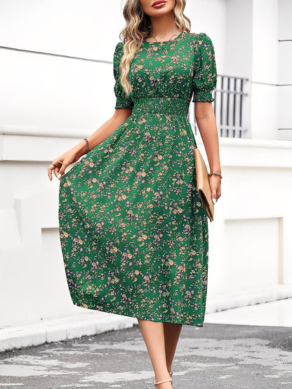 Floral Puff Sleeves Smocked Waist A-Line Midi Dress