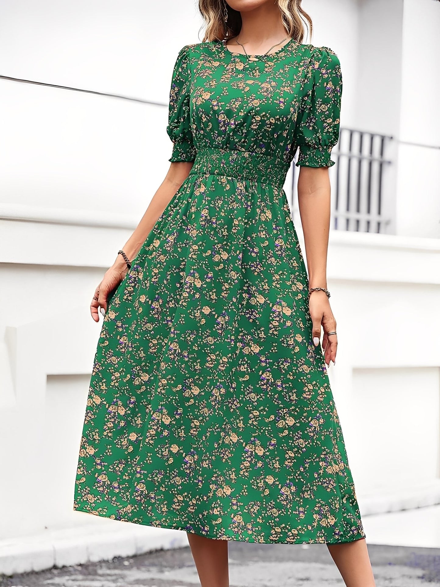 Floral Puff Sleeves Smocked Waist A-Line Midi Dress