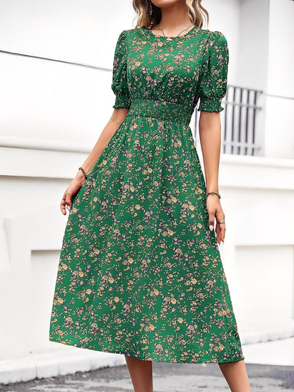 Floral Puff Sleeves Smocked Waist A-Line Midi Dress