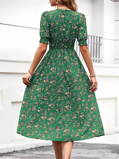 Floral Puff Sleeves Smocked Waist A-Line Midi Dress