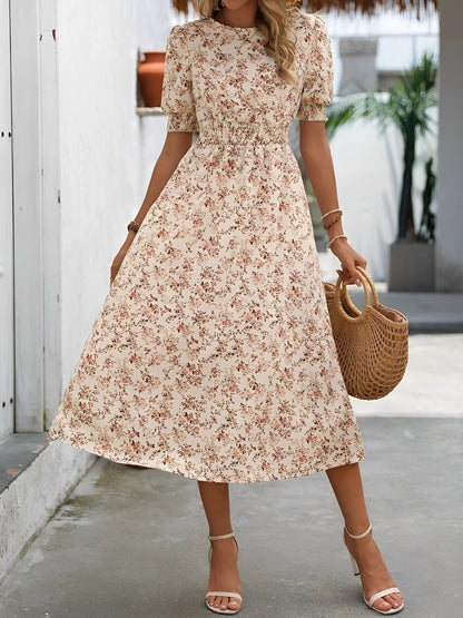 Floral Puff Sleeves Smocked Waist A-Line Midi Dress