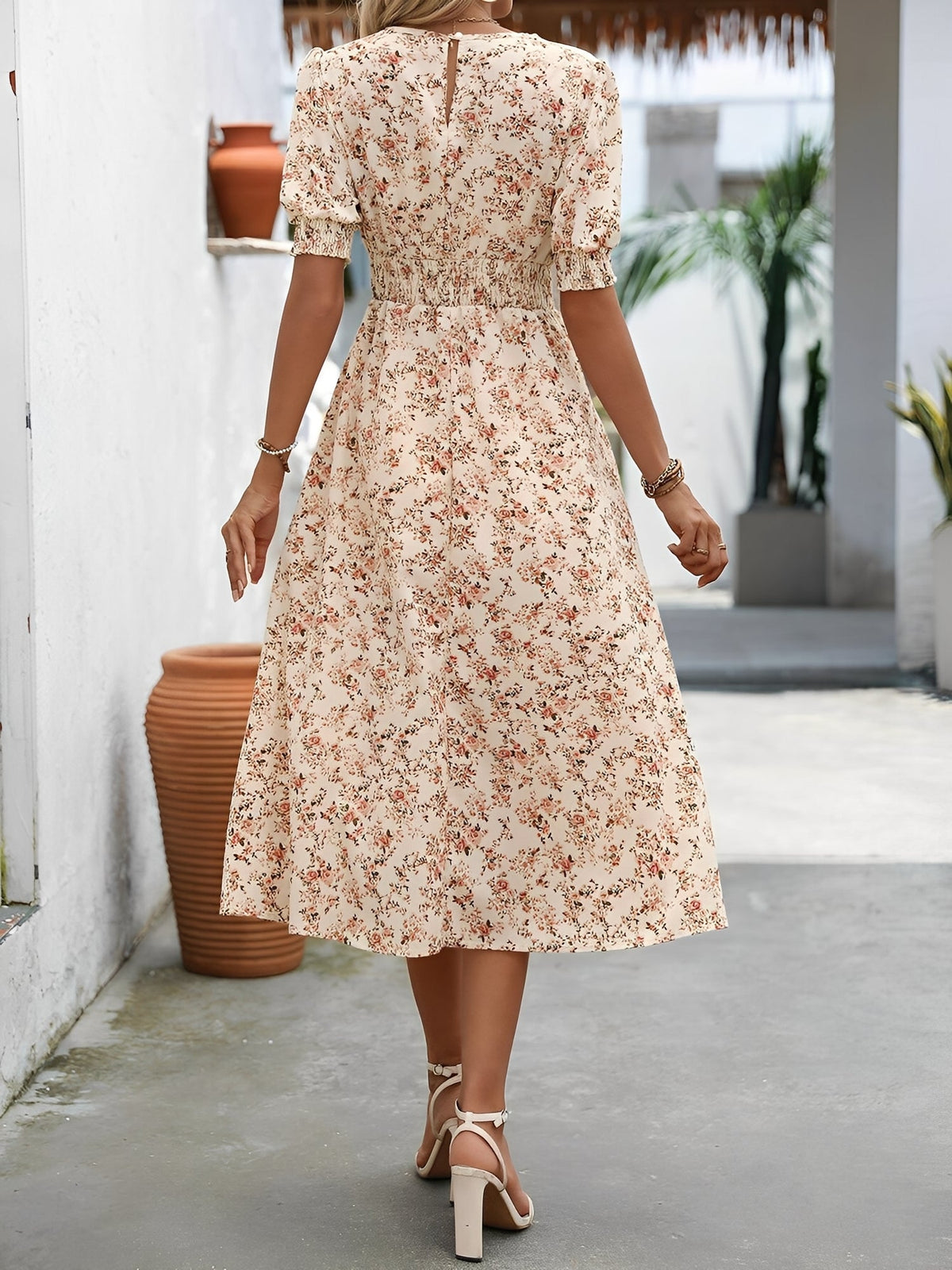 Floral Puff Sleeves Smocked Waist A-Line Midi Dress