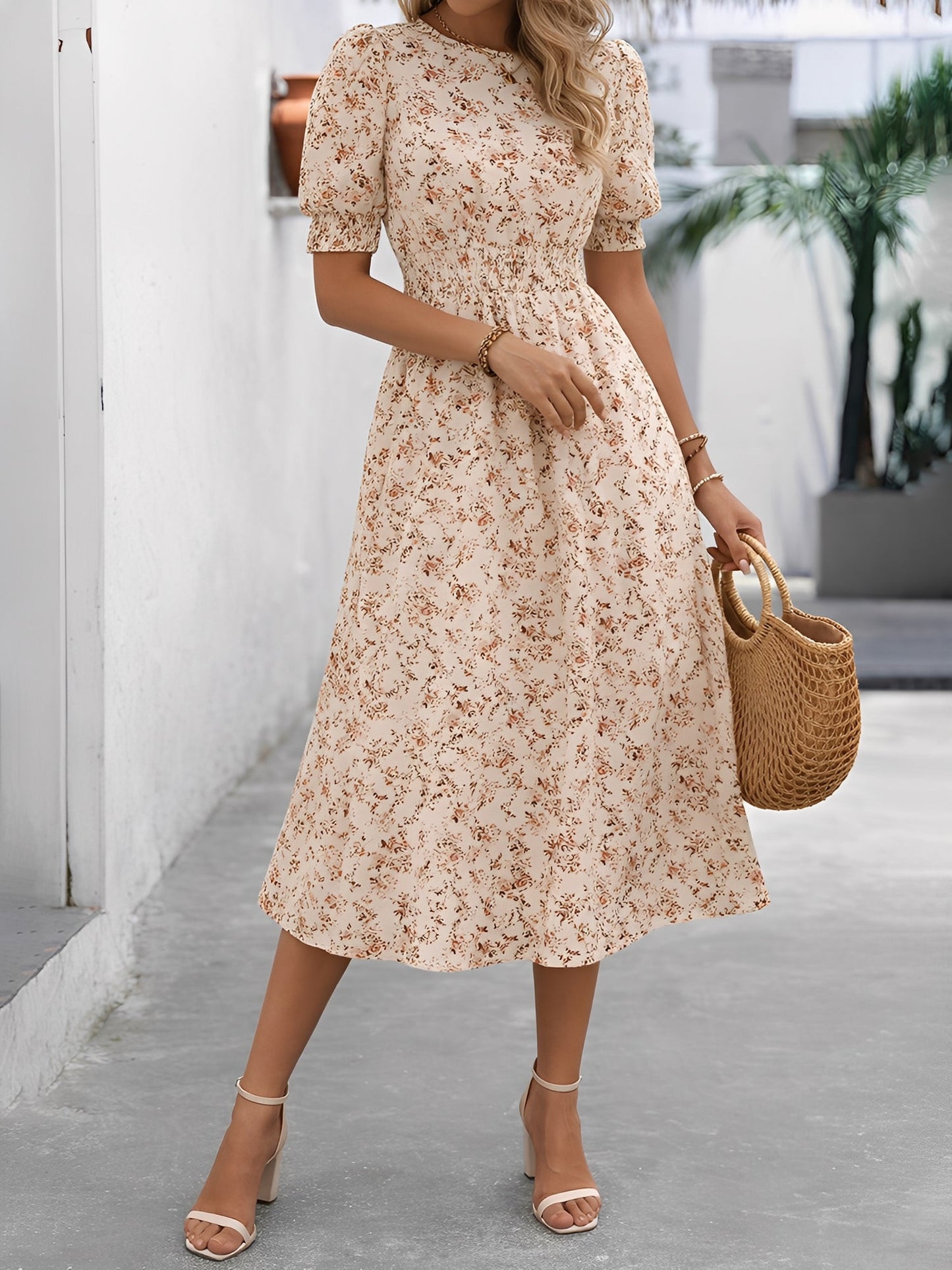 Floral Puff Sleeves Smocked Waist A-Line Midi Dress
