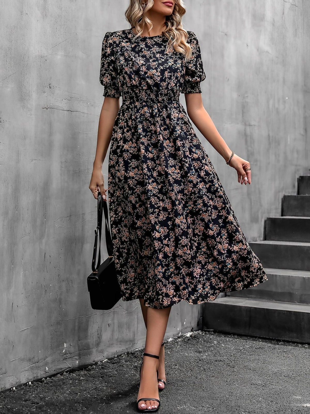 Floral Puff Sleeves Smocked Waist A-Line Midi Dress