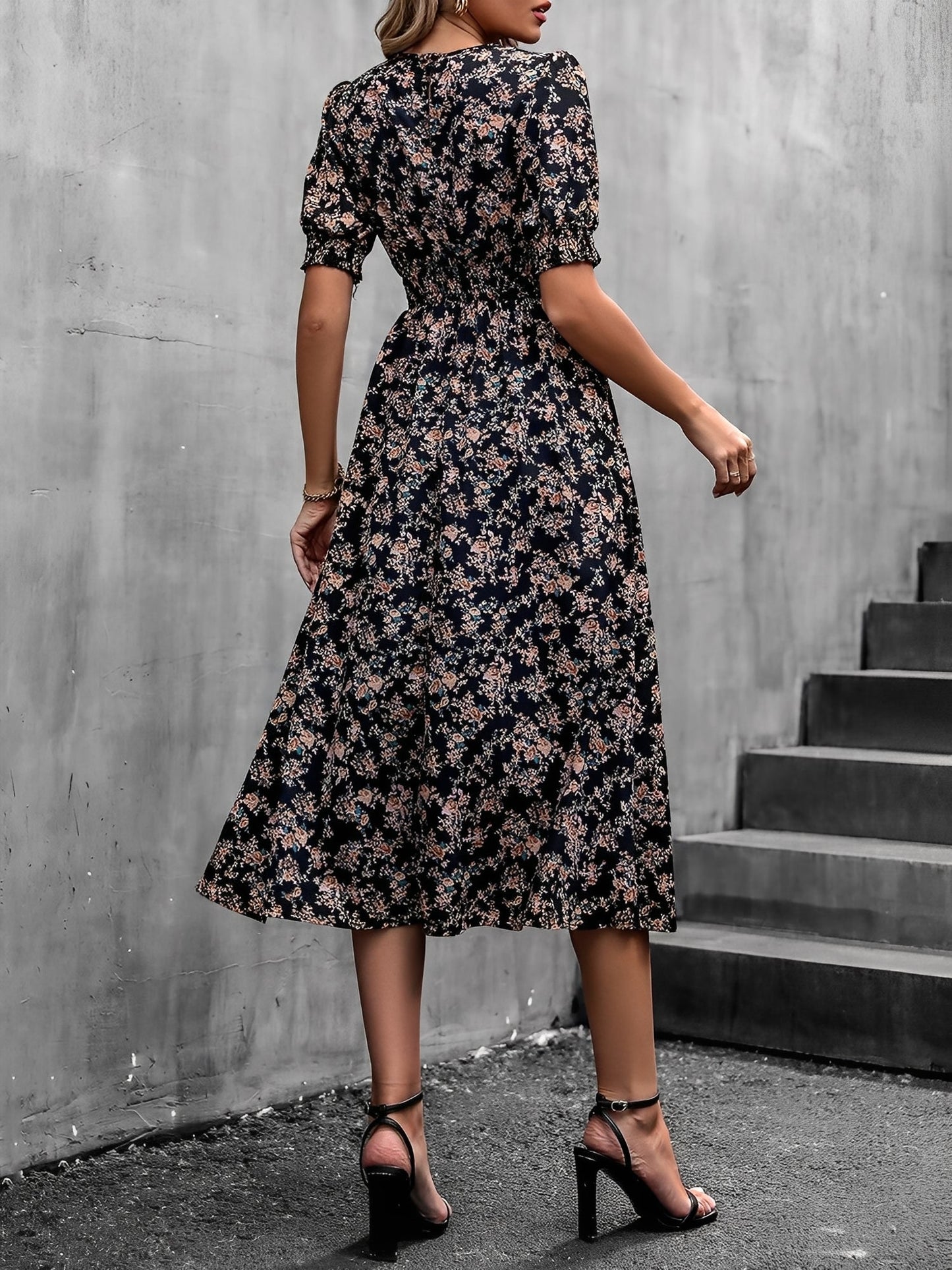 Floral Puff Sleeves Smocked Waist A-Line Midi Dress