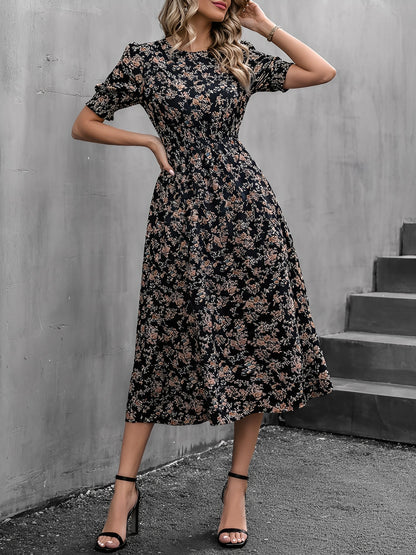 Floral Puff Sleeves Smocked Waist A-Line Midi Dress