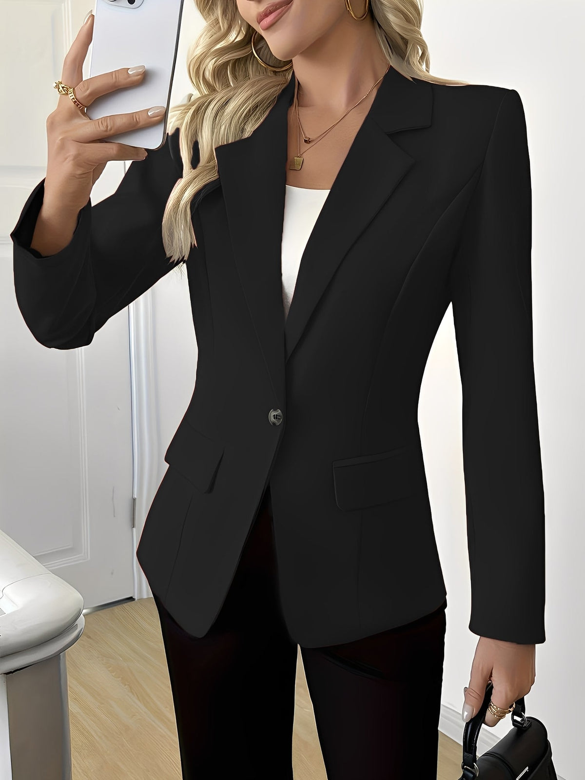 Solid Color Long Sleeve Single Button Blazer