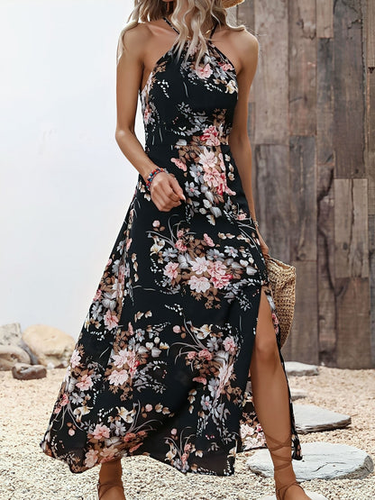 Vacation Floral Print Sleeveless Side Slit Maxi Dress