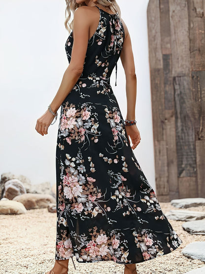 Vacation Floral Print Sleeveless Side Slit Maxi Dress