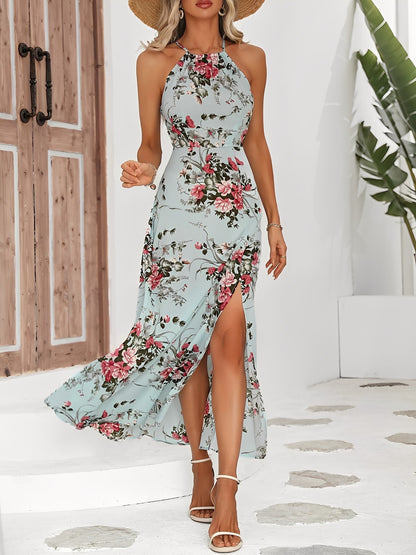 Vacation Floral Print Sleeveless Side Slit Maxi Dress