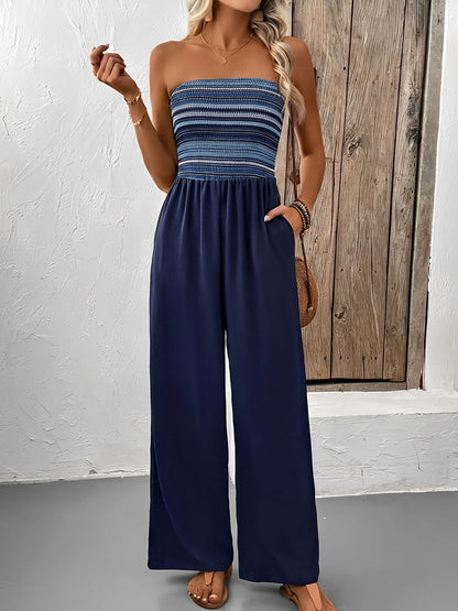 Boho Embroidered Striped Strapless Backless Jumpsuits