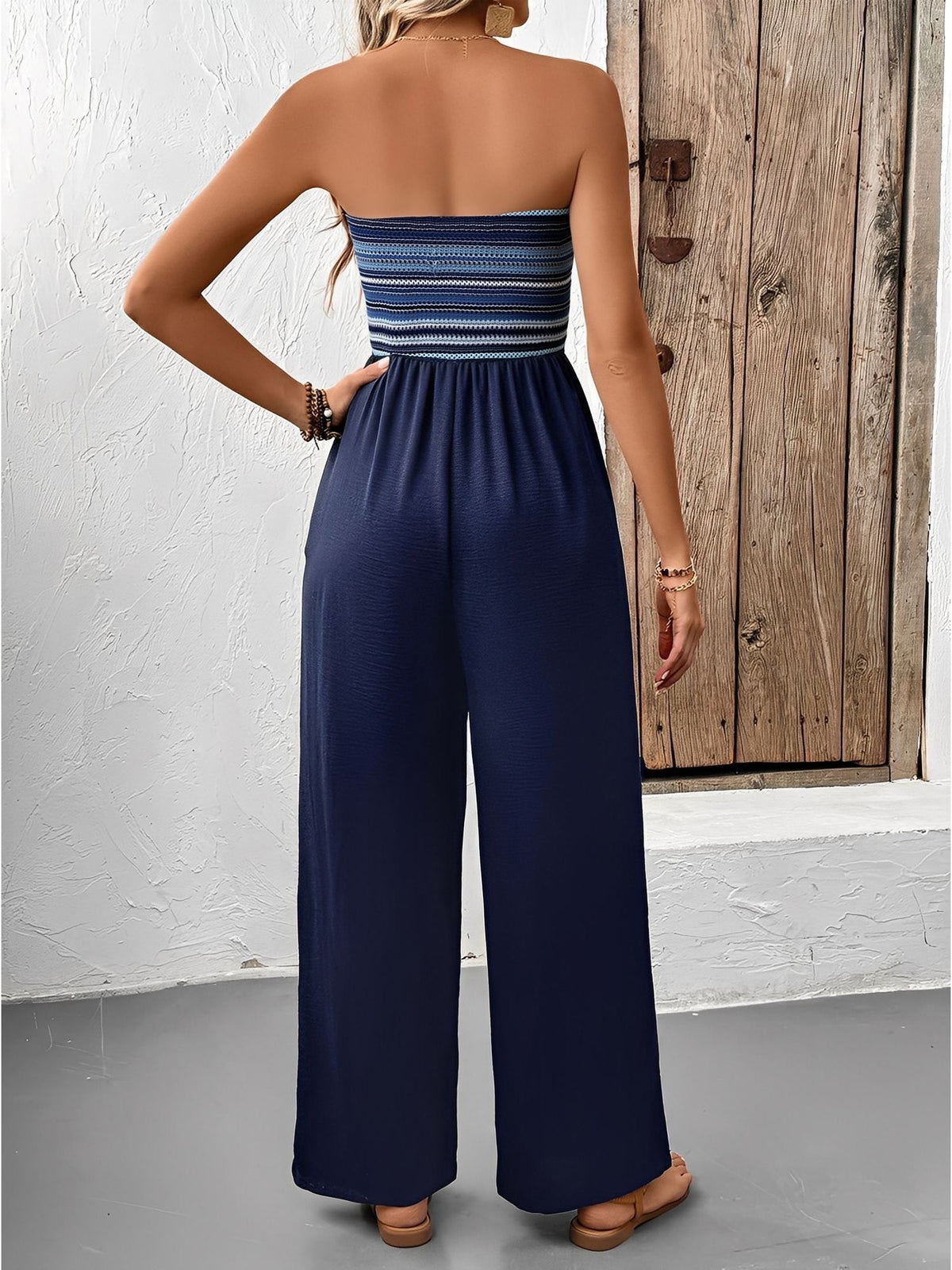 Boho Embroidered Striped Strapless Backless Jumpsuits