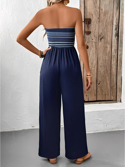 Boho Embroidered Striped Strapless Backless Jumpsuits