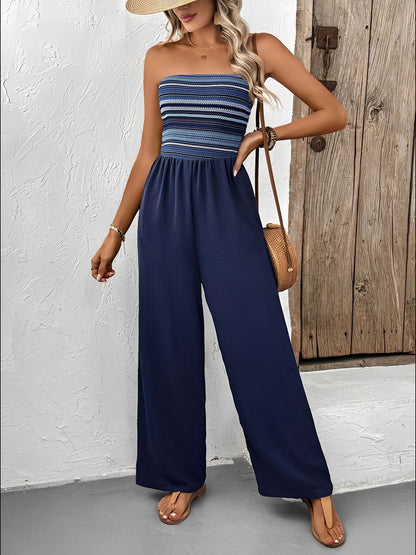 Boho Embroidered Striped Strapless Backless Jumpsuits