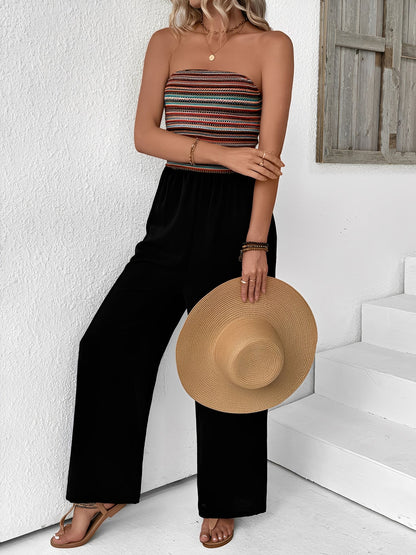 Boho Embroidered Striped Strapless Backless Jumpsuits