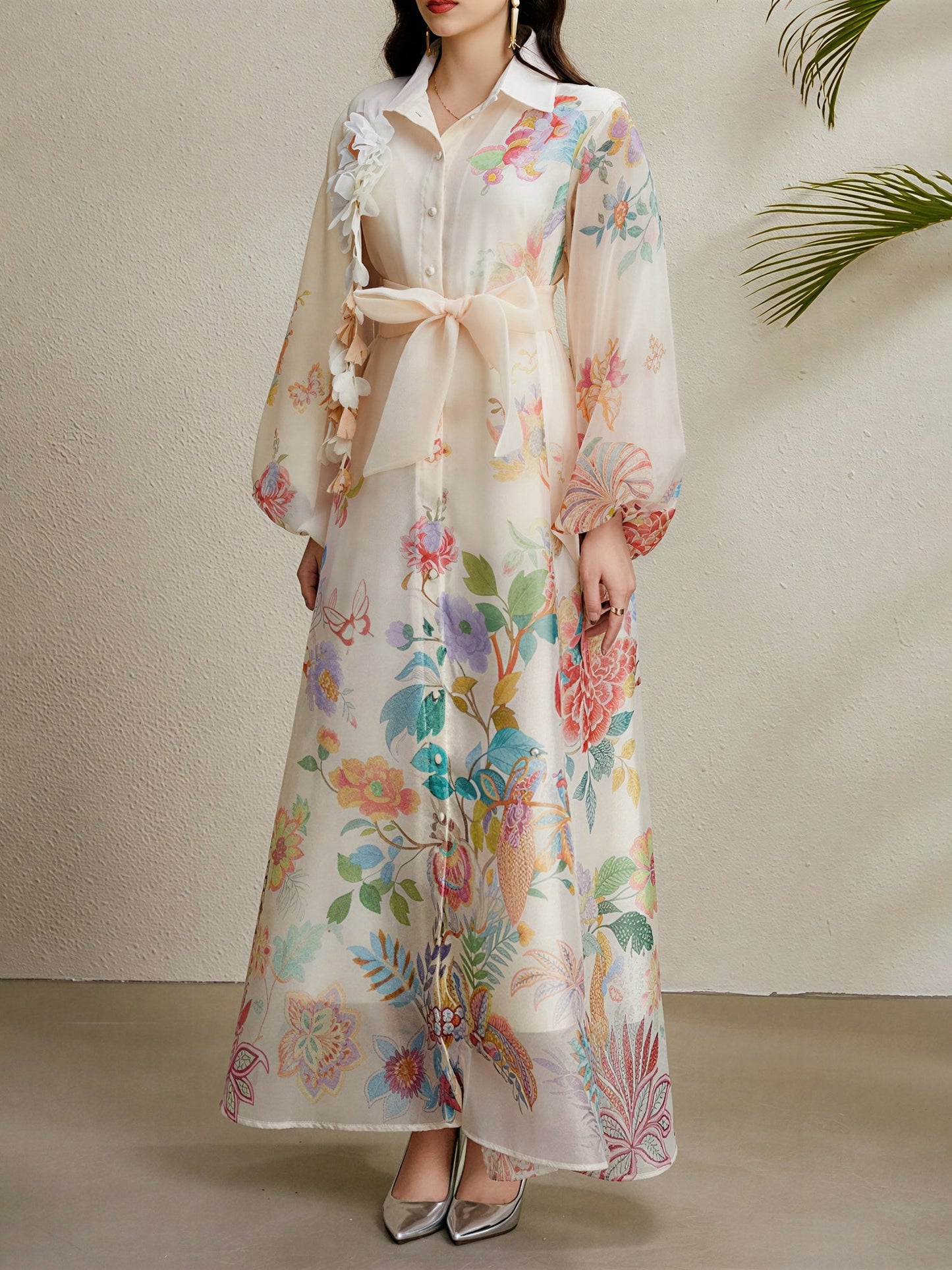 Detachale 3D Flower Lantern Sleeves Floral Print Maxi Dress