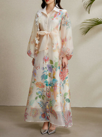 Detachale 3D Flower Lantern Sleeves Floral Print Maxi Dress