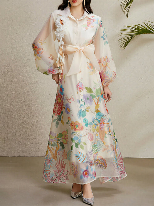 Detachale 3D Flower Lantern Sleeves Floral Print Maxi Dress